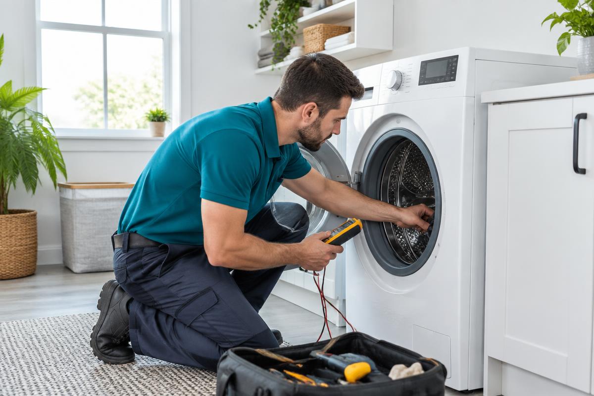 Aura technician servicing a washing machine